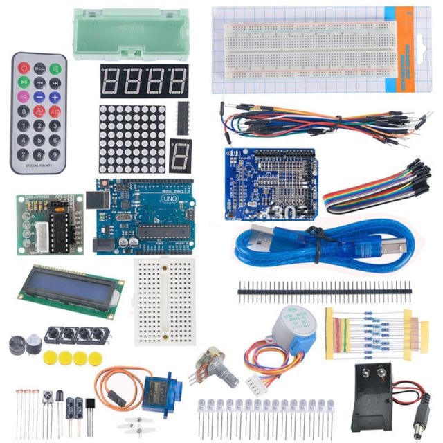 Kit primeros pasos con uno-r3 + motor+lcd+placa+puentes compatible arduino