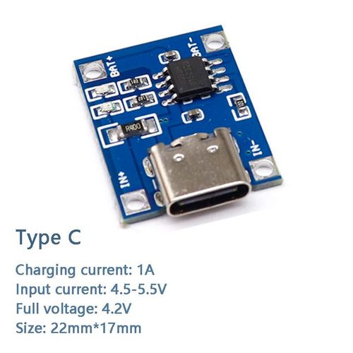 Tp4056 modulo  5v usb-c 1amp. cargador baterias litio 18650 sin proteccion