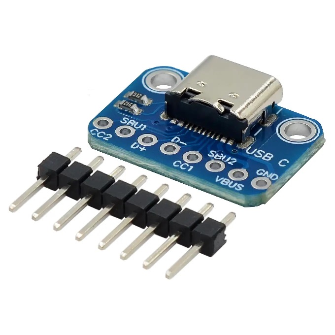 Placa breakout usb-c hembra a dip 2.54mm con resistencias cc1/cc2 para arduino 