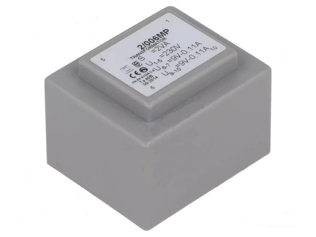 Transformador encapsulado 9+9v, 110ma, 2va
