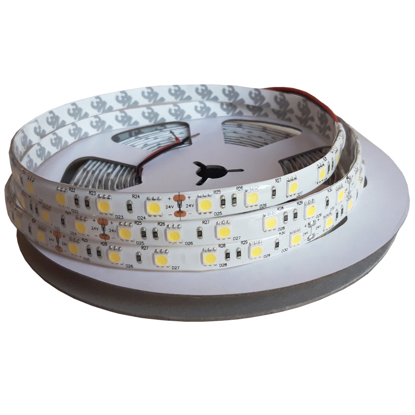 Smd5050 tira led 60 leds/mt dc:24v, 14w/mt, ip65, 6000k, blanco frio 