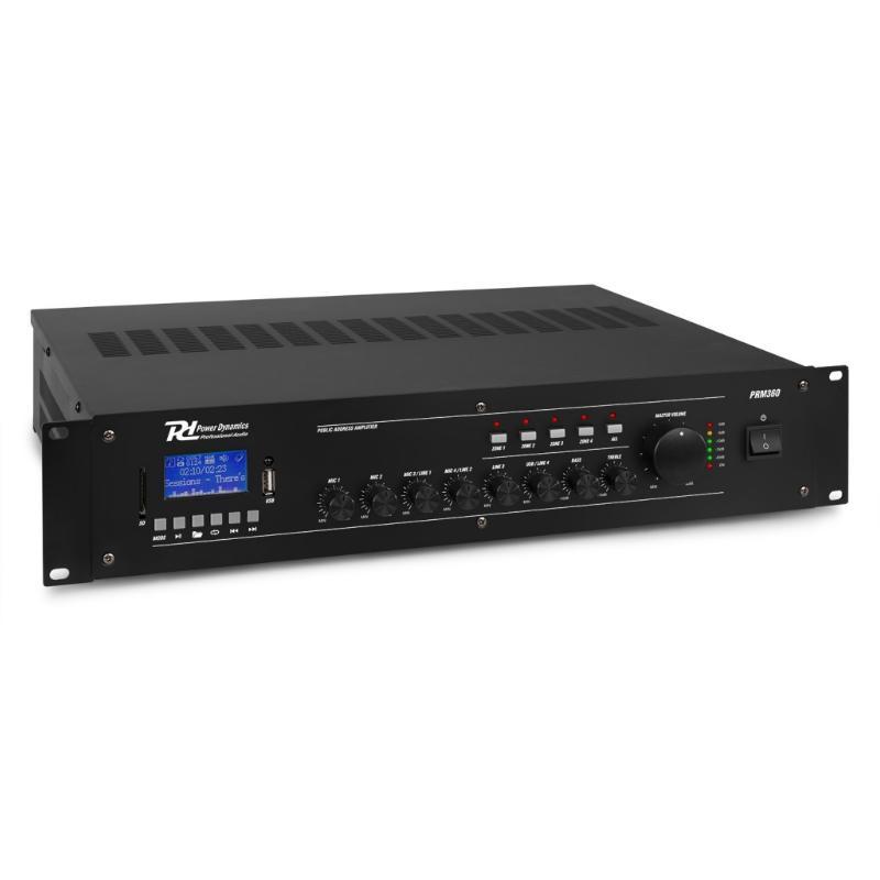 Prm360 amplificador linea 100v, 360w, 4 zo, usb/mp3/bt