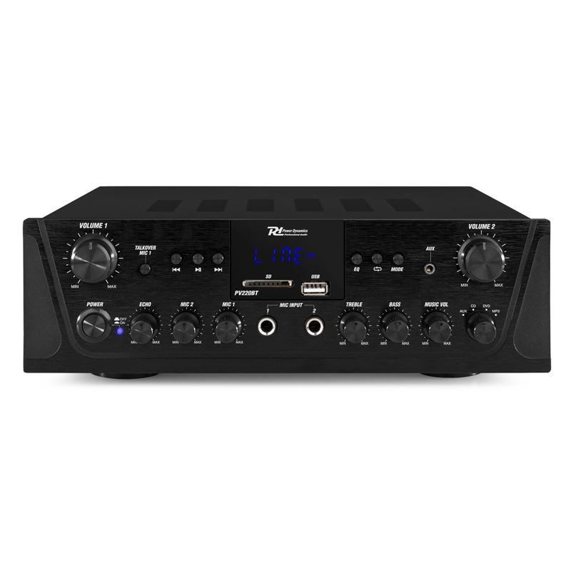 Amplificador 2 zonas 2x100w, bt, mp3, sd, radio con mando a distancia