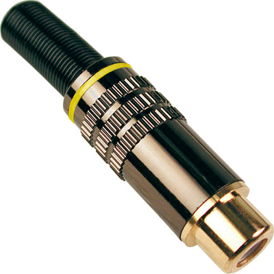 Conector rca hembra dorado capuchón gris metálico franja amarilla ø:6mm 
