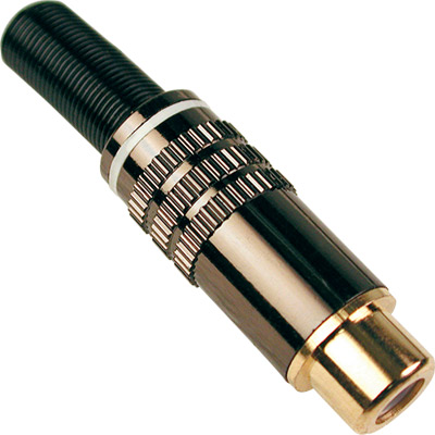 Conector rca hembra dorado capuchón gris metálico franja blanca ø:6mm 