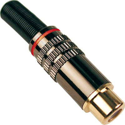 Conector rca hembra dorado capuchón gris metálico franja roja ø:6mm 