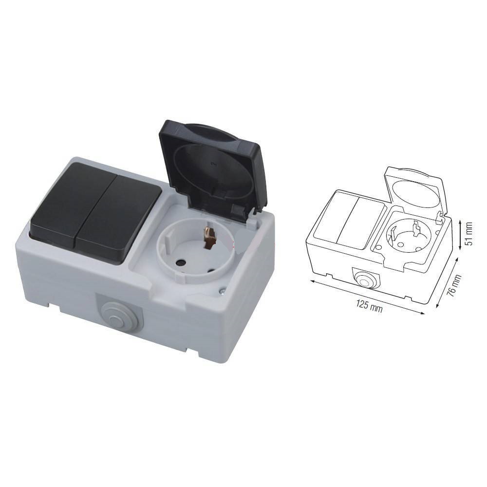 Base sup.  schucko + doble interruptor ip54, 250v, 16amp.