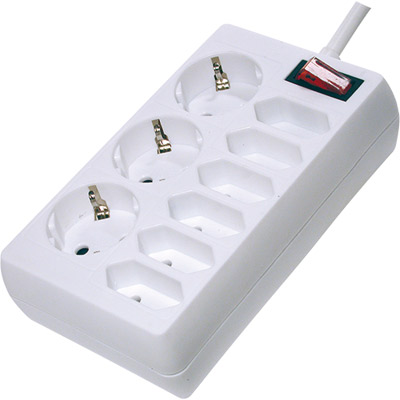 Base múltiple con interruptor 9 vías (6 sin + 3 con tierra) y cable 5m blanca