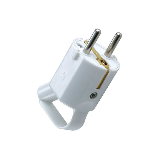 Clavija enchufe shucko salida lateral con agarre 16amp. blanca