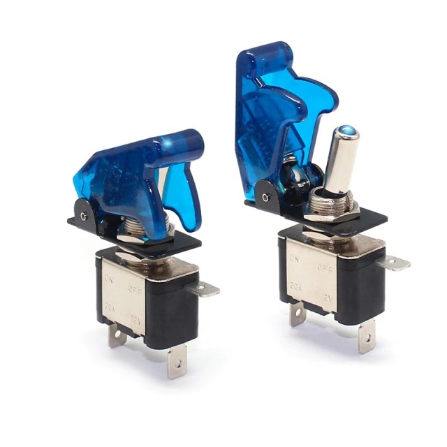Interruptor de palanca con luz azul y tapa estilo lanza misiles 12v/20amp. 