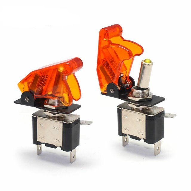 Interruptor de palanca con luz naranja y tapa estilo lanza misiles 12v/20amp. 