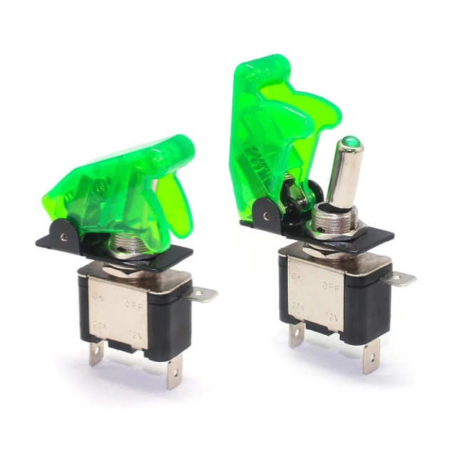 Interruptor de palanca con luz verde y tapa estilo lanza misiles 12v/20amp. 