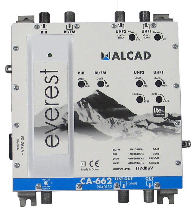 Amplificador uhf-uhf-biii-bi/fm, lte700, everest alcad ca-662