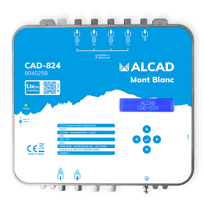 Amplificador digital programable 4×uhf/biii-bi/fm, con paso de corriente alcad cad-824